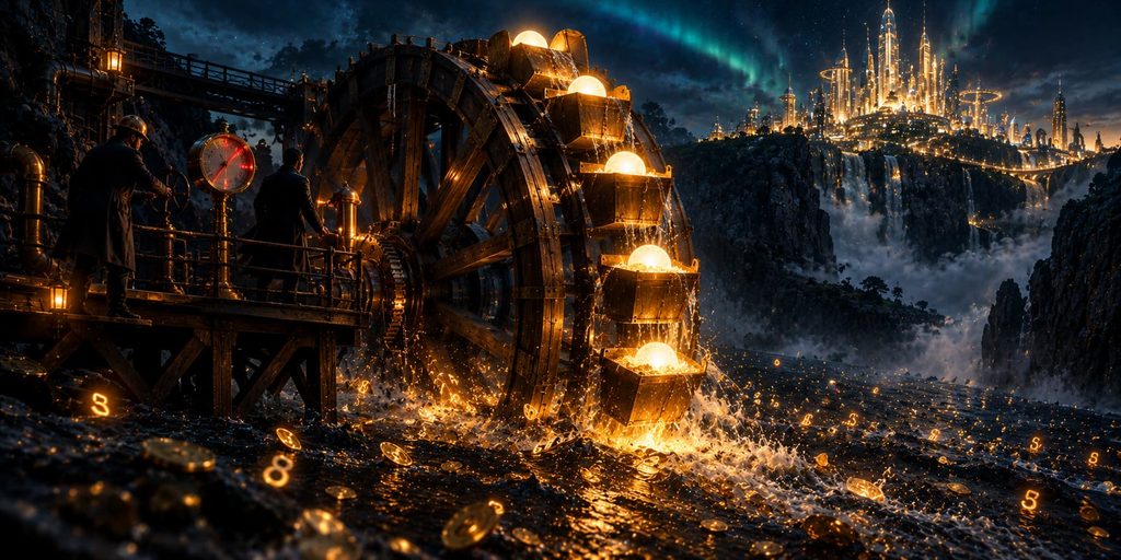 Week in review financing costs: a huge waterwheel lifts glowing buckets of light