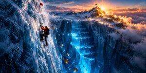 Maximum drawdown: 7 brutal truths as a lone climber clings to an ice wall above a glowing blue crevasse beneath a distant summit.