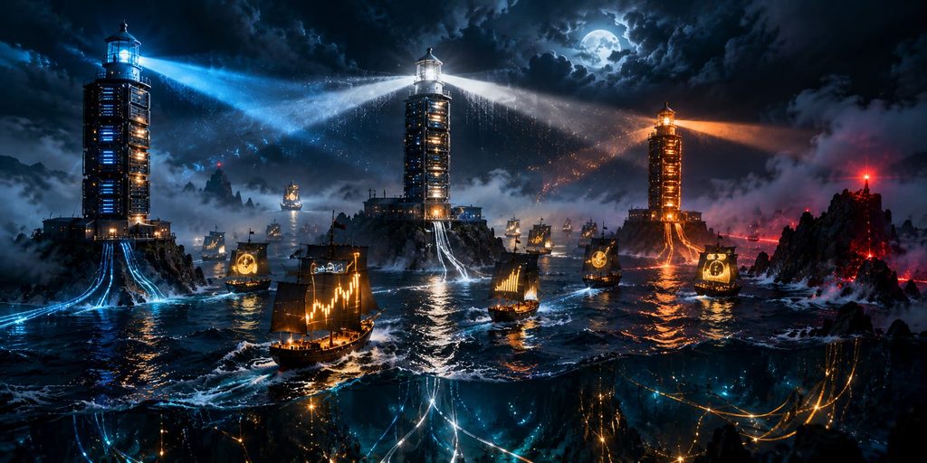 Central bank week earnings: three glowing server-tower lighthouses