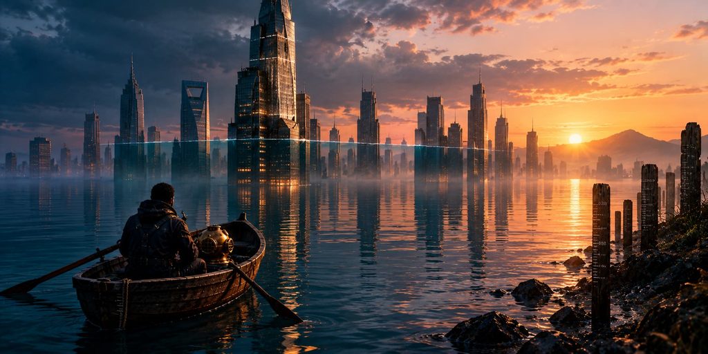 Maximum drawdown history: a drowned glass skyline waits beneath dark water while a slow tide recedes