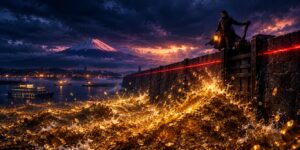 Yen intervention: 7 dangerous signals as a golden coin tide rises toward a glowing red line while a gatekeeper waits at a lever.