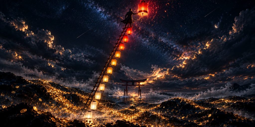 Yen intervention warning ladder: paper lanterns brighten from calm white to blazing red on rungs rising