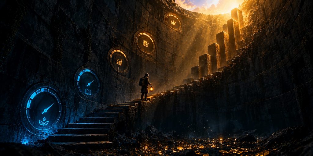 Maximum drawdown recovery math: a stone staircase climbs out of a dark pit with each step taller