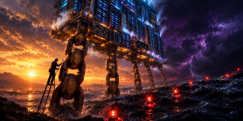 AI bubble debt risk: a data-center tower balances on borrowed stilts above a rising dark tide of credit stress.